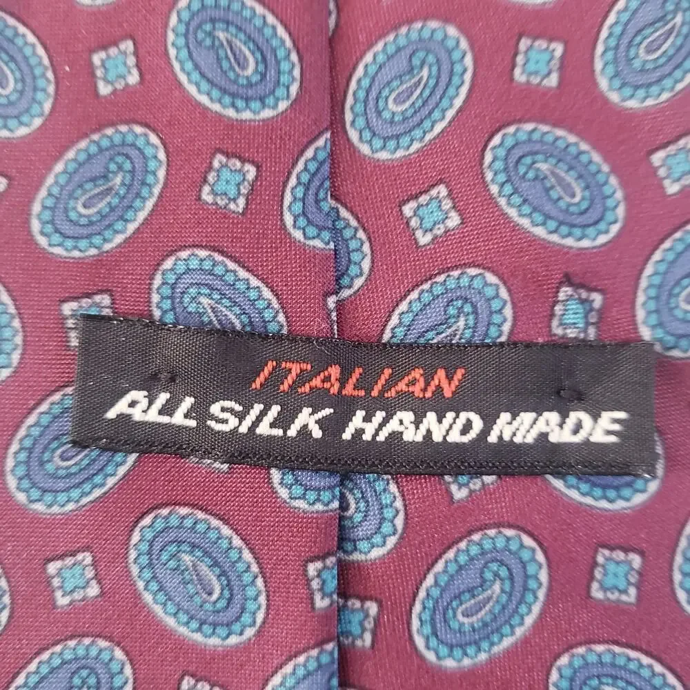 Italian Brand Silk Vintage Hand Made Burgundy with Blue Geometric design #9R